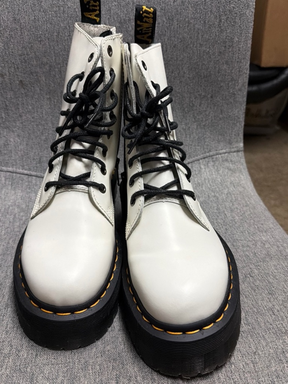 Dr. Martens White Leather Platform Lace-Up Boots with Black Laces